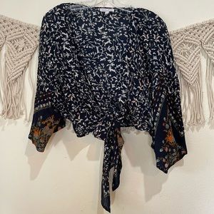 Patrons of Peace Crop Tie Floral Top Kimono Sleeve